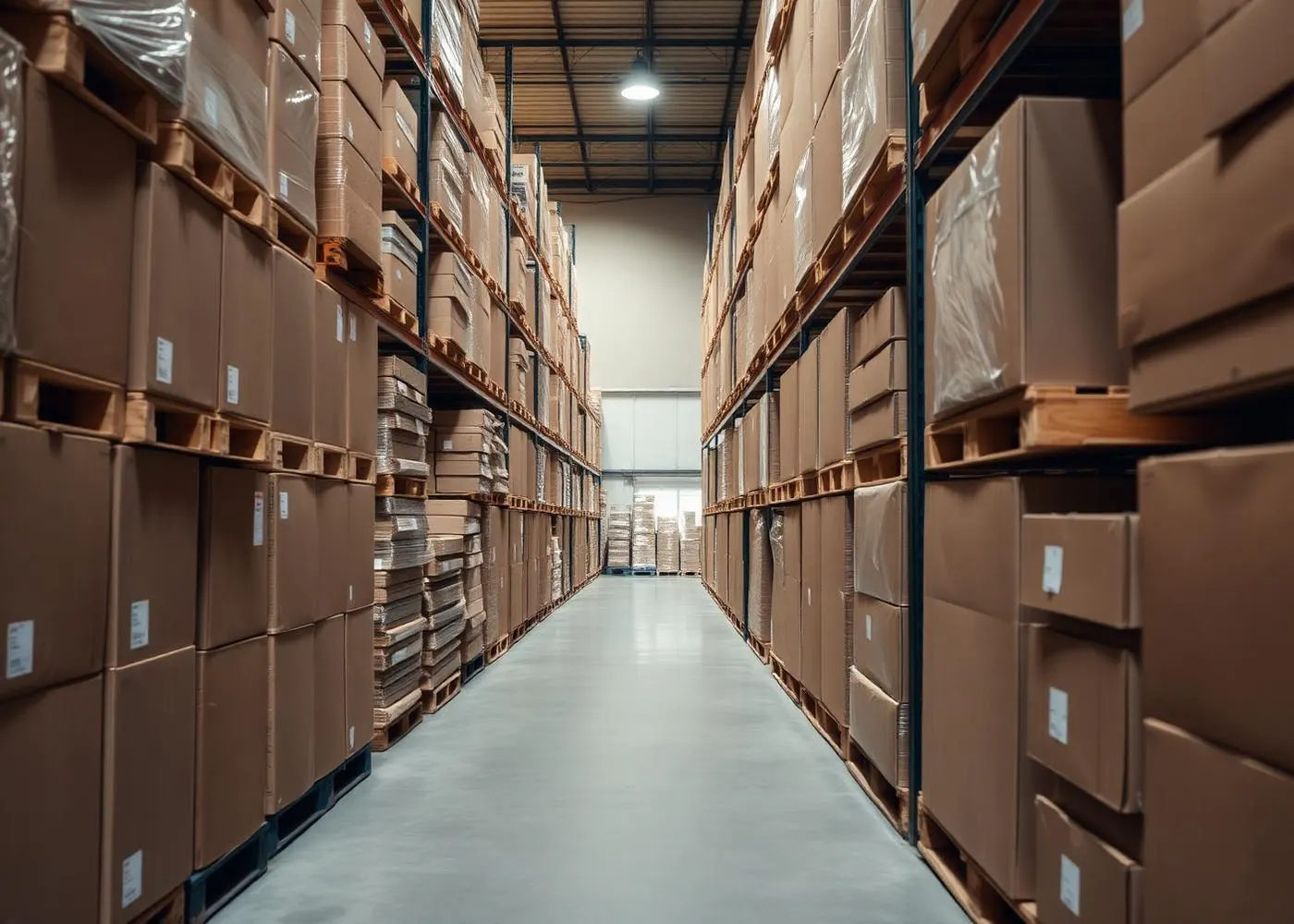 Warehouse shelving stacked with packaging cartons