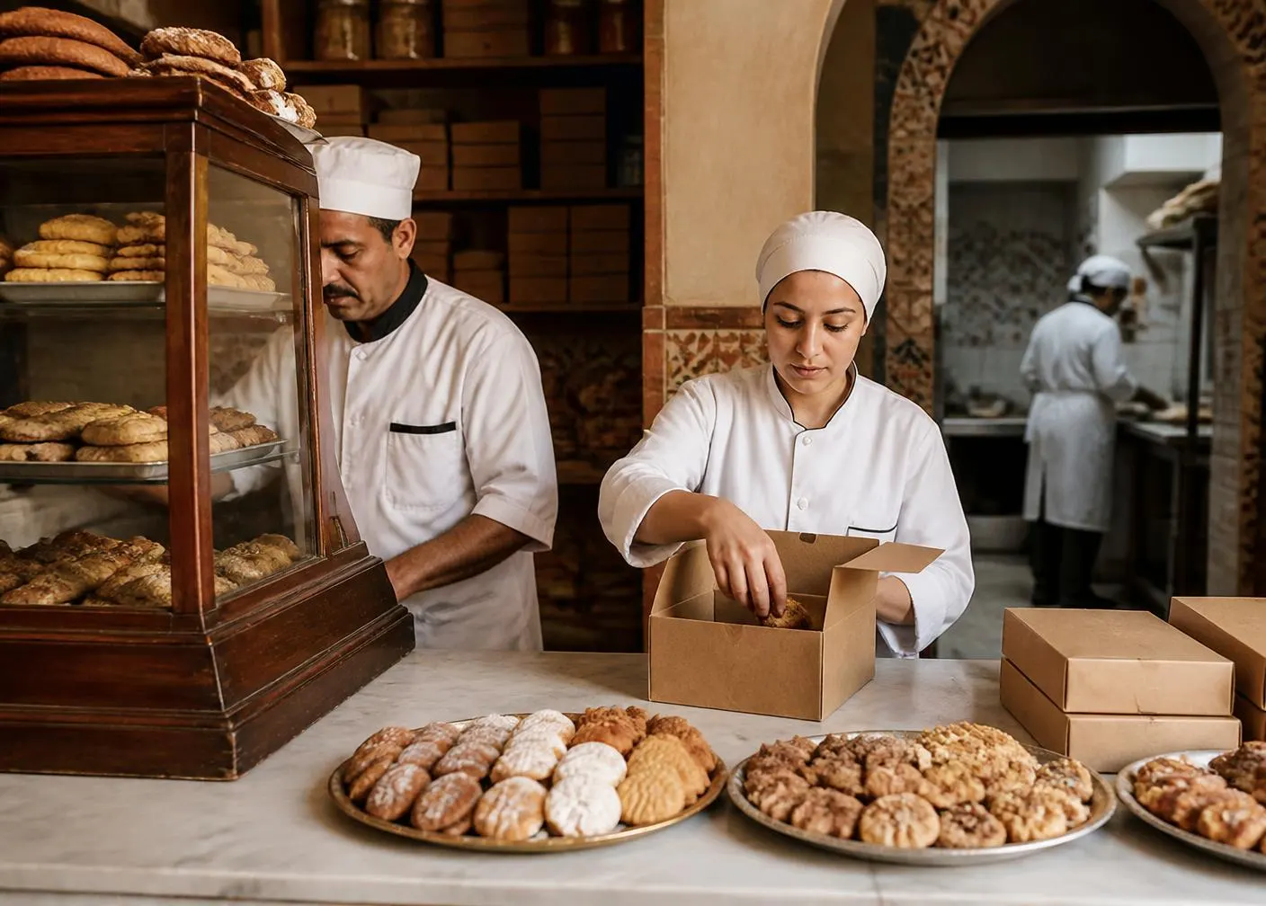 Équipe de boulangerie emballant des pâtisseries dans des boîtes kraft