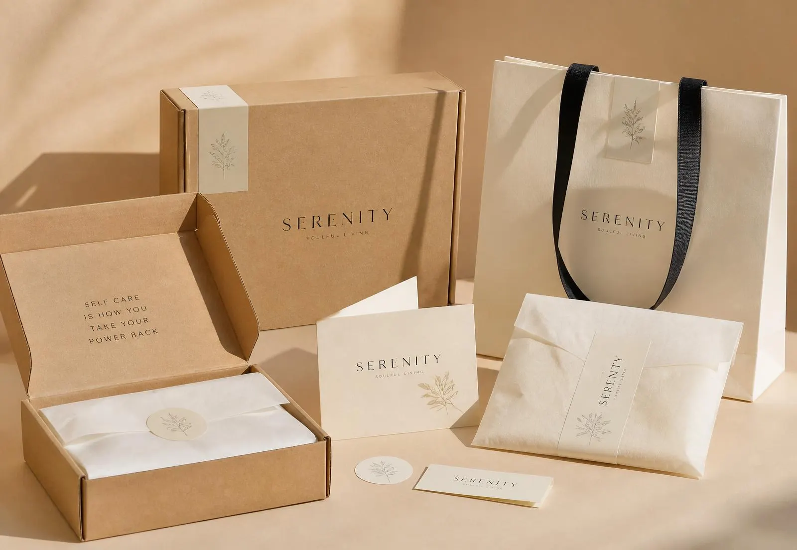 Ensemble emballage personnalisé kraft : boîte, sac shopping, papier de soie et étiquettes